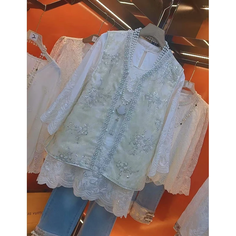 JL05#新款国风减龄重工亮片设计感时尚胖MM蕾丝气质马甲