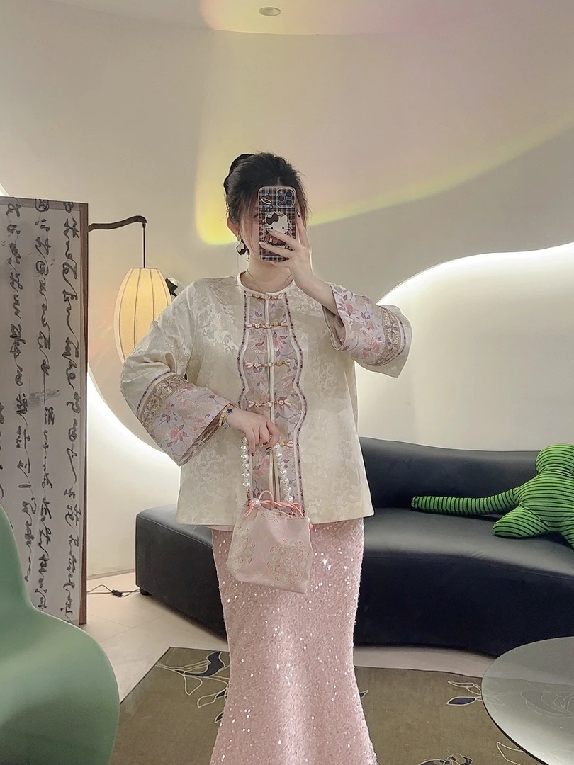 知雨前【花间意】新中式丝毛外套拼宋锦女春秋圆领对襟国风开衫