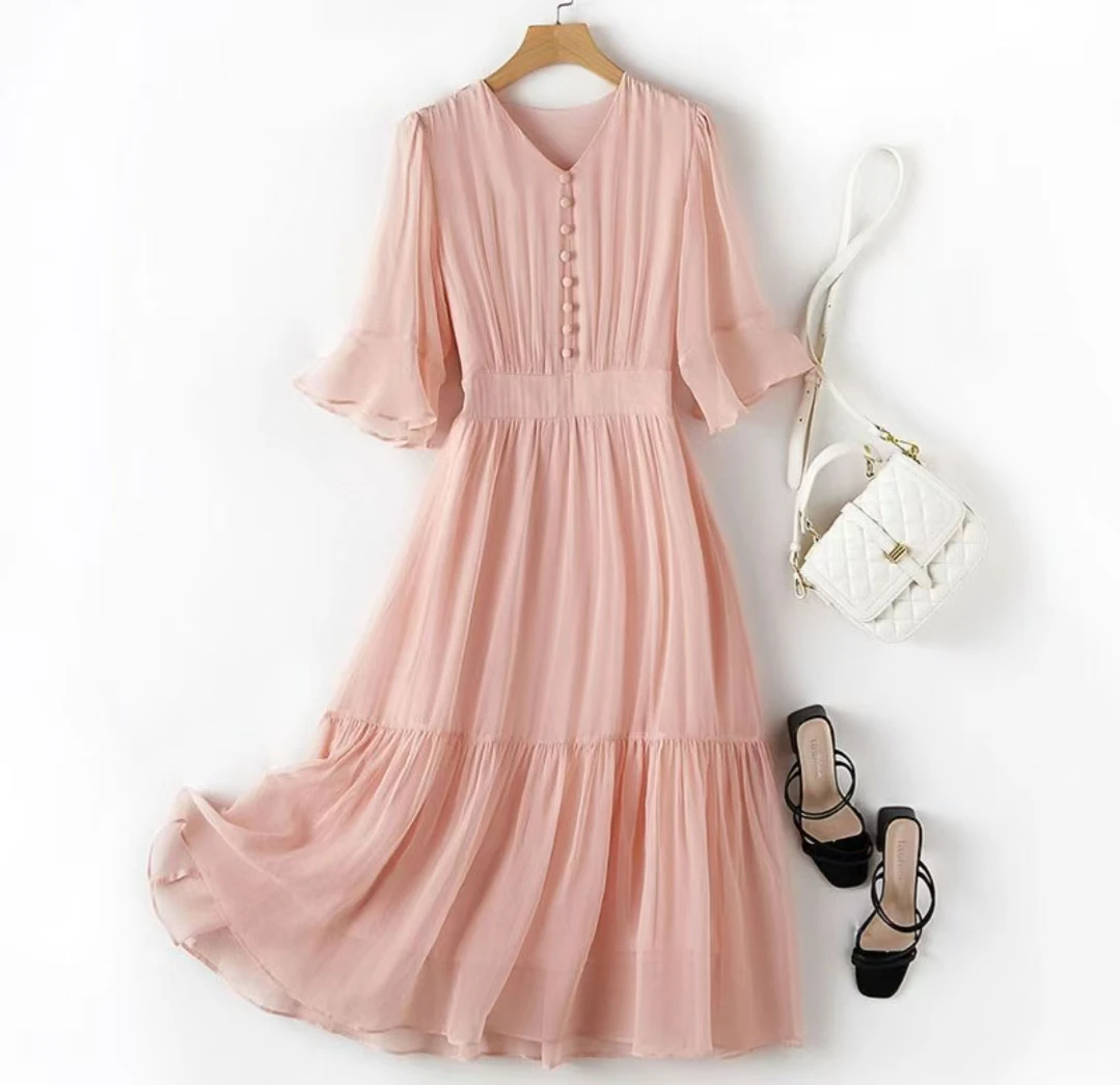 非主图款扣号下单简约收腰纯色过膝连衣裙法式洋气减龄显瘦