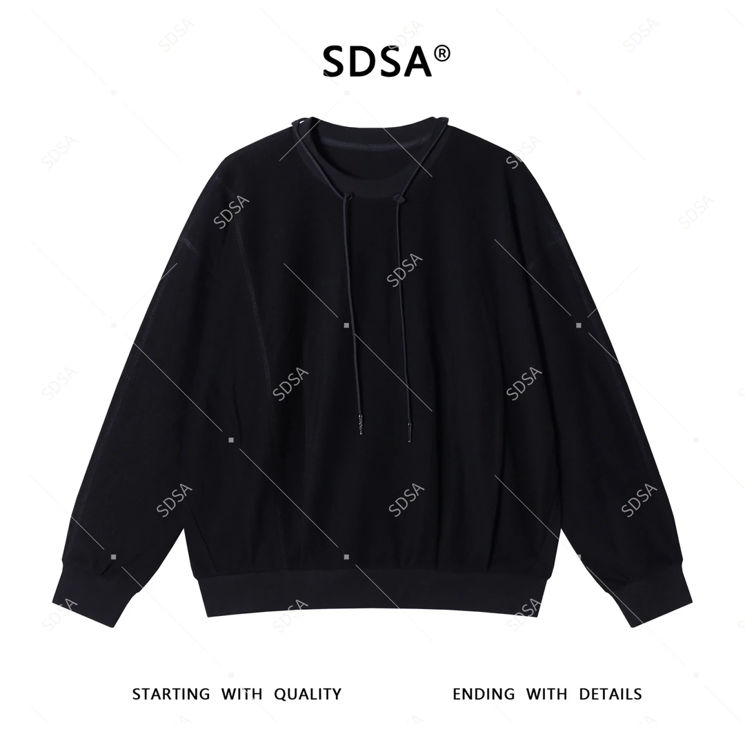 SDSA男士2025新款轻奢痞帅男装纯色解构抽绳设计圆领长袖T恤百搭