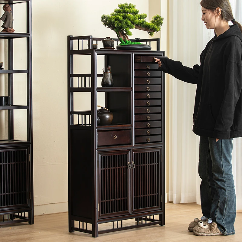 新中式楠竹黑胡桃色中古风博古架置物架收纳柜茶饼展示柜陈列柜子