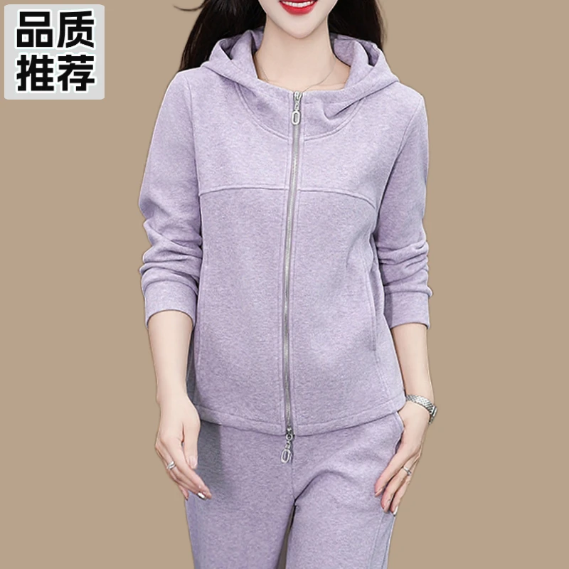 品牌香芋紫中老年运动套装女春秋洋气跑步服双拉链外套流行爆款OL