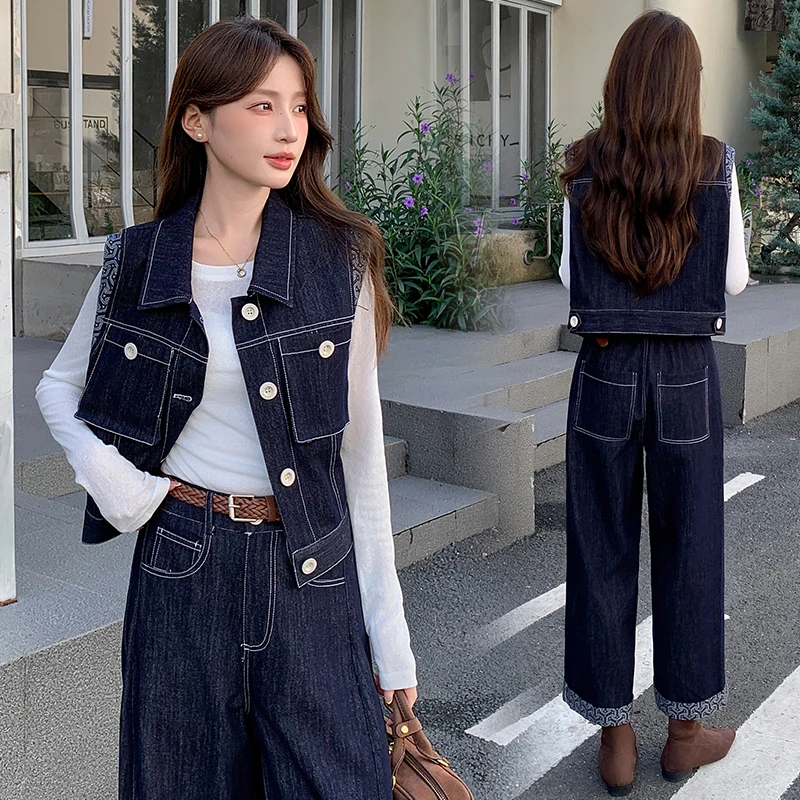 韩版复古工装气质牛仔套装女2025年早秋新款显瘦马甲阔腿裤三件套