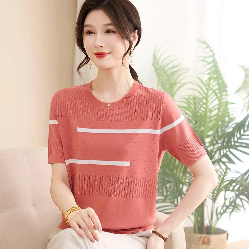 妈妈夏装短袖上衣薄款针织小衫中老年人洋气冰丝T恤女宽松上衣服