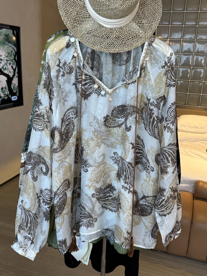 25夏季新款防嗮浪漫画稿腰果花印花重工款百搭薄款天丝衬衫5013
