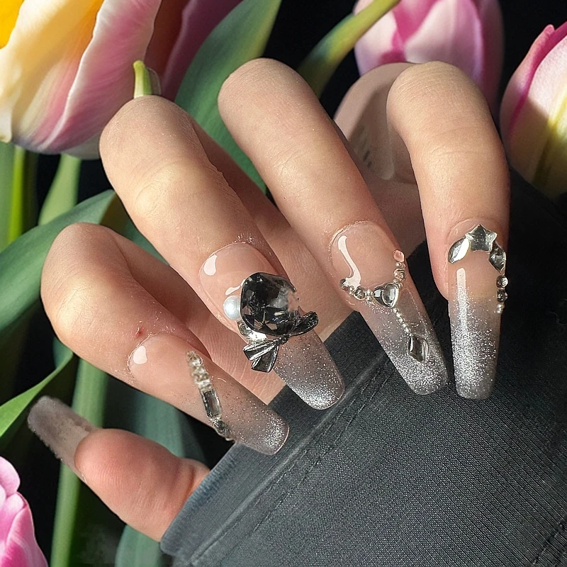 手工穿戴猫眼美甲显白碎钻冰透爆闪高级感法式指甲片银色中长款