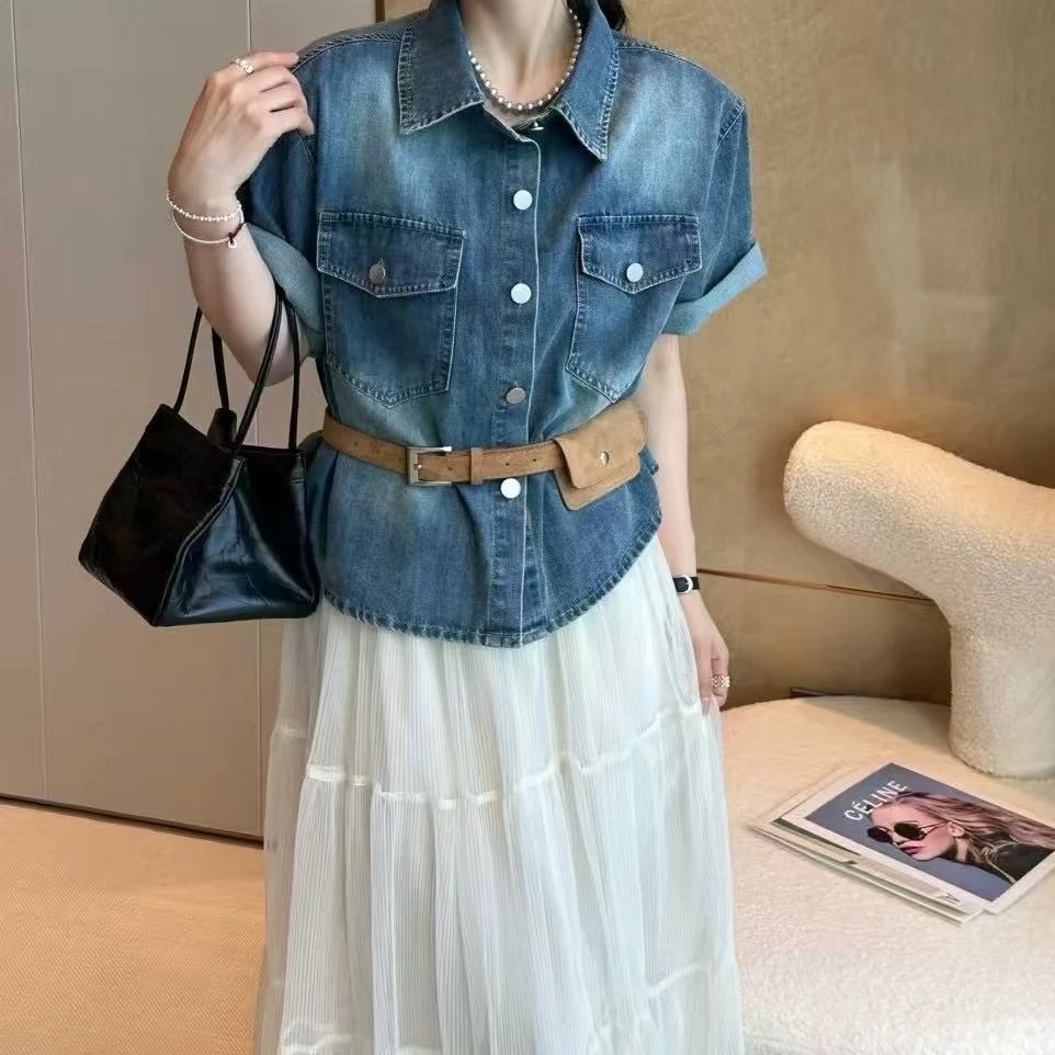 Z.X 弹力腰网纱蛋糕裙+牛仔短袖衬衫套装 1269