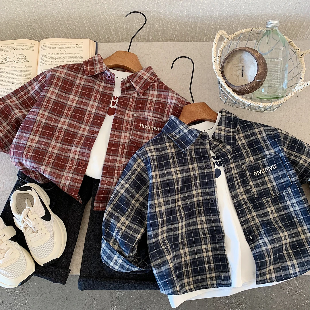 2025秋装新款儿童衬衫中大童秋季外套宽松韩版格子男童女童上衣潮