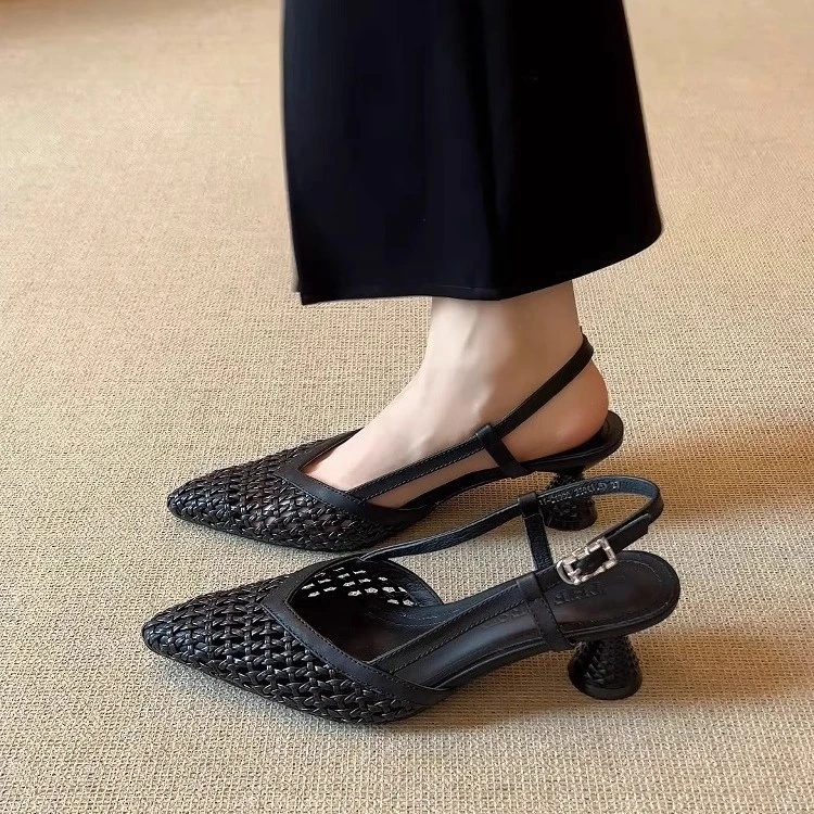 2025新款羊皮版~新款法式小众软底气质中跟镂空编织夏季清凉透气