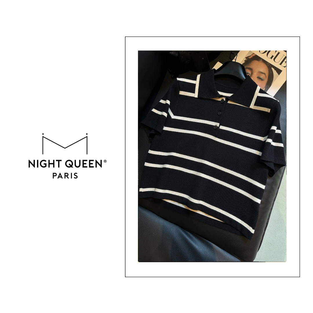 【XJ367】2025春夏原厂限量新款女装法式黑白条纹短袖Polo衫时尚