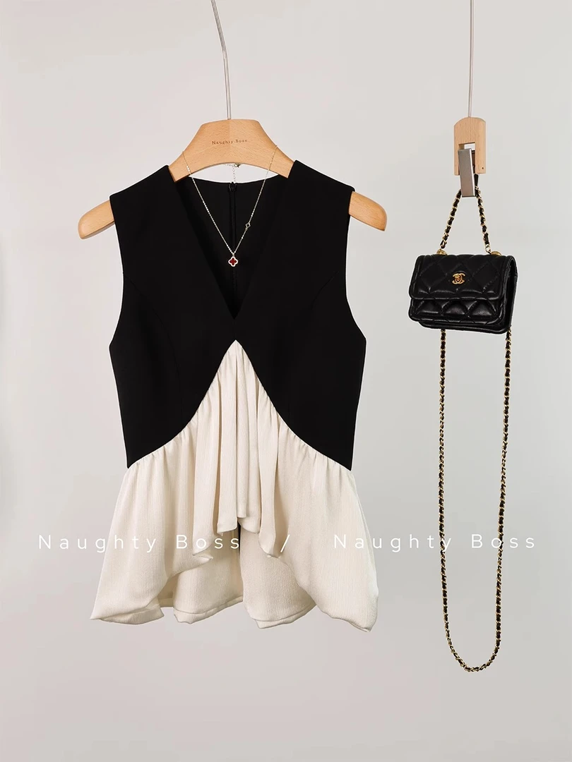 小众法式轻奢撞色V领无袖上衣女设计感修身百搭显瘦黑白拼接背心