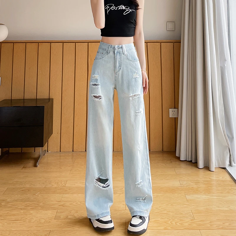 破洞乞丐牛仔裤女2025夏季薄款小个子个性美式辣妹窄版直筒阔腿裤