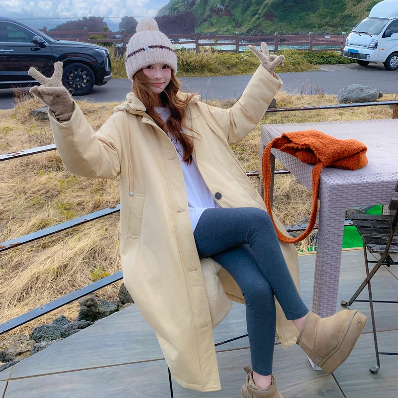 韩系连帽黄色90绒羽绒服女2025冬季新款长款工装高级感派克服外套