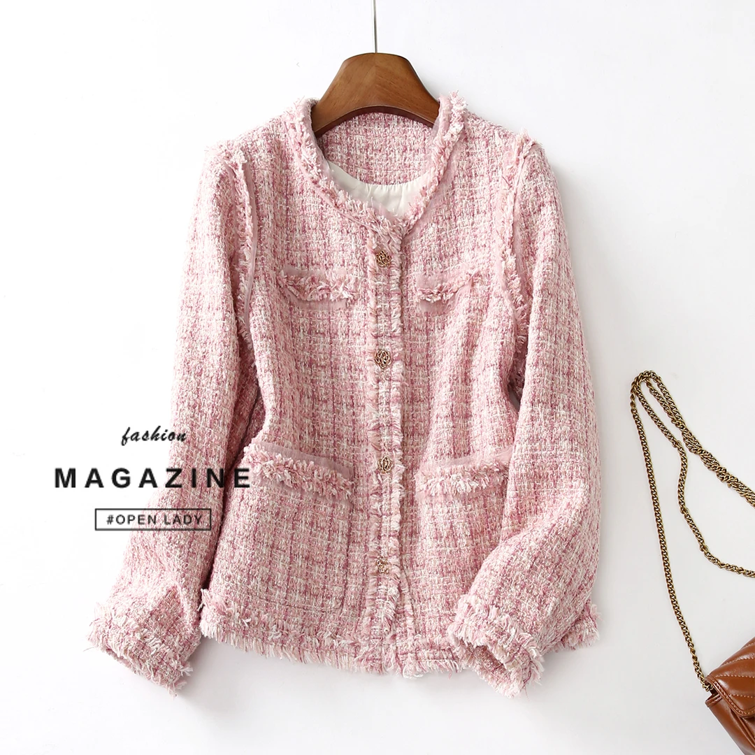 特！门店34&9！大方加厚加重气质粉名媛风粗花呢小香风外套L71056