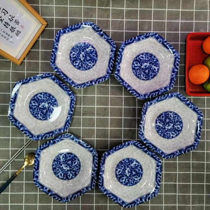 8.5英寸中式经典青花瓷六角盘家用陶瓷盘子炒菜盘碟子釉下彩盘