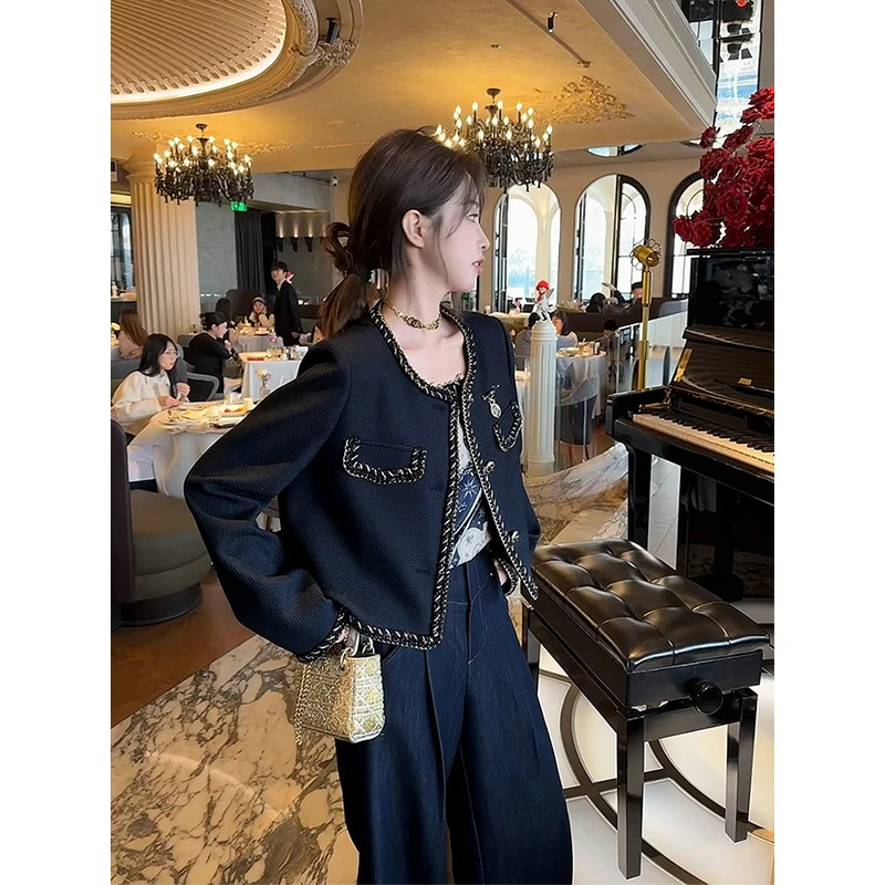 吞吞春夏季【下班小酒馆】精致生活 轻奢蓝金短款小香风显瘦外套女