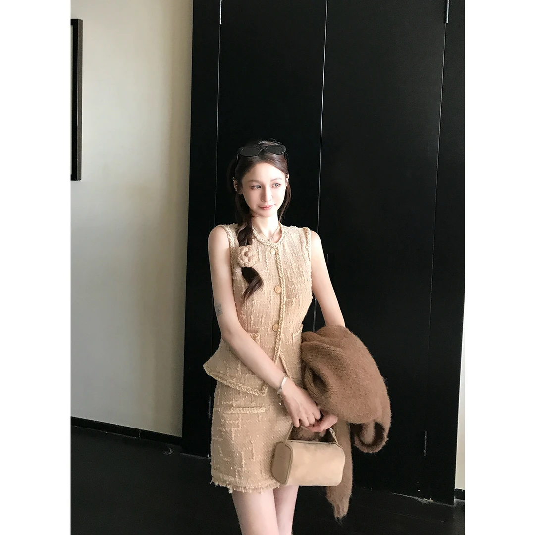SKK“CoCo巴黎香槟”高阶白富美大小姐手工编织羊毛小香马甲套装