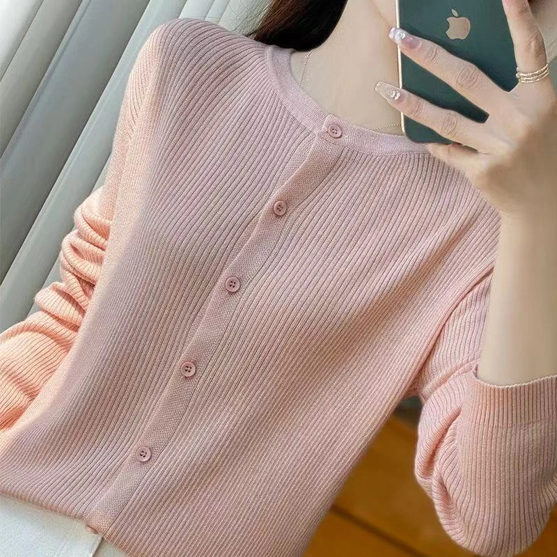 869【粉    开衫】休闲针织开衫女欧货v领简约宽松