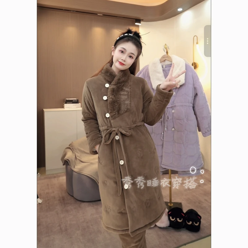 【秀秀家】冬季上新《福气棕》三层夹棉加绒加厚睡衣套装家居服