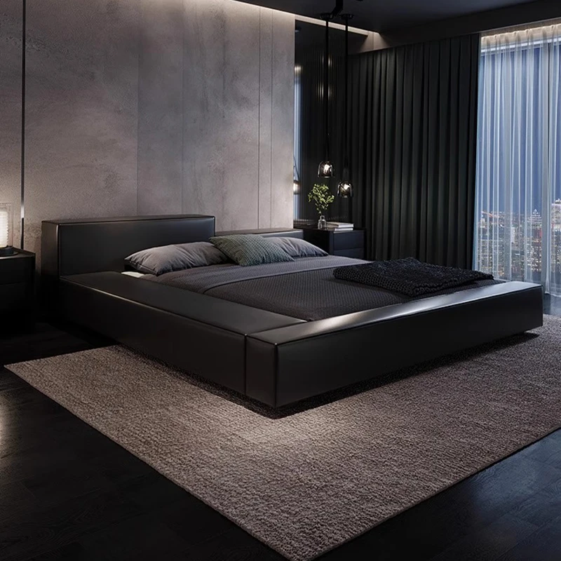 意式极简高低豆腐块真皮床周子维同款主卧轻奢极简储物双人大婚床