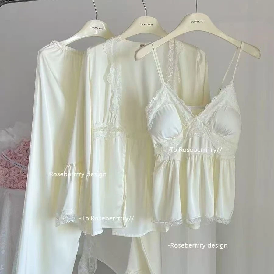 赵露思同款夏季新款吊带长裤睡衣法式性感三件套家居服冰丝家居服