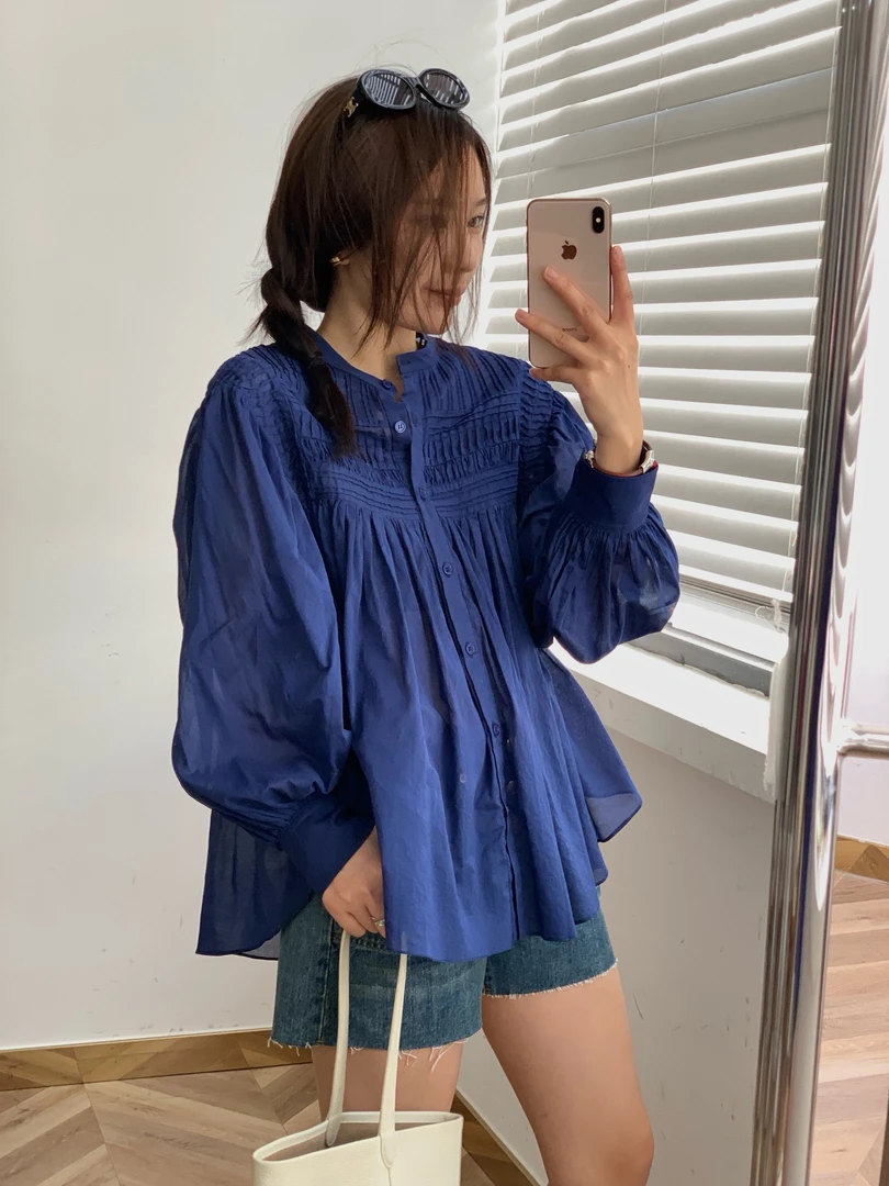 法式优雅风琴衬衣重工打揽微透宽松衬衣