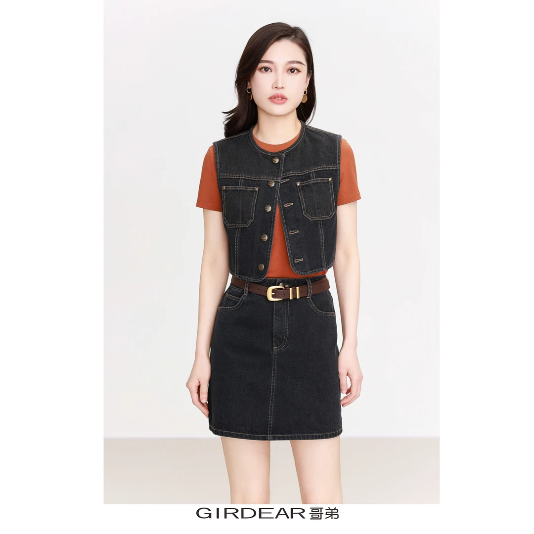 GIRDEAR/哥弟140028春季复古口袋设计造型外套韩系百搭牛仔马甲