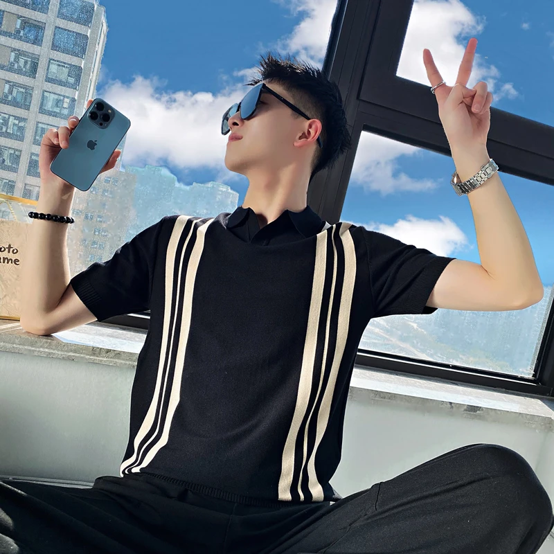 彪博条纹短袖T恤男夏季新款2025修身Polo衫高级感夏装半截袖潮牌