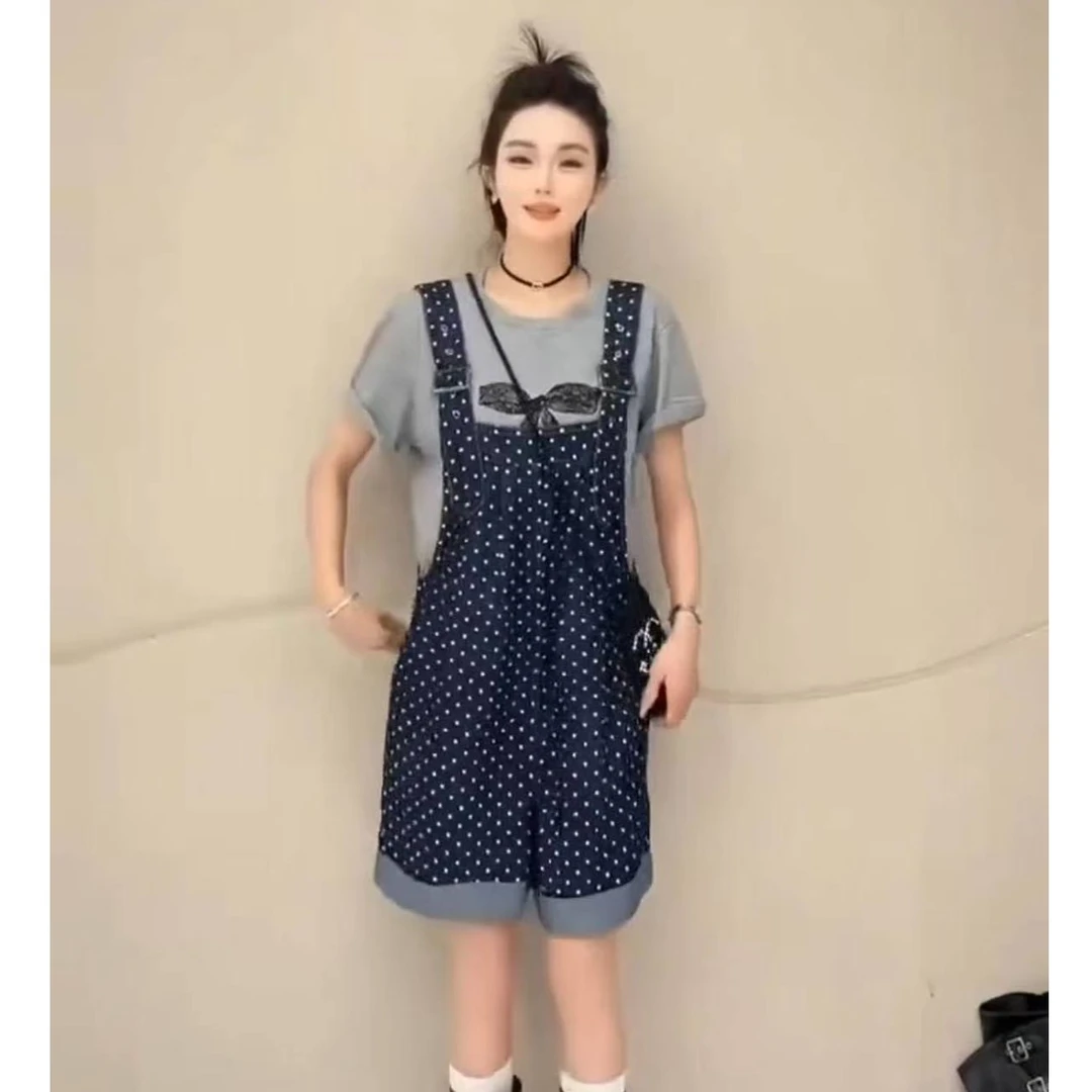 时尚背带裤短袖两件套ZBT33144衣长62裤长66（不含肩带）卡码往小拍