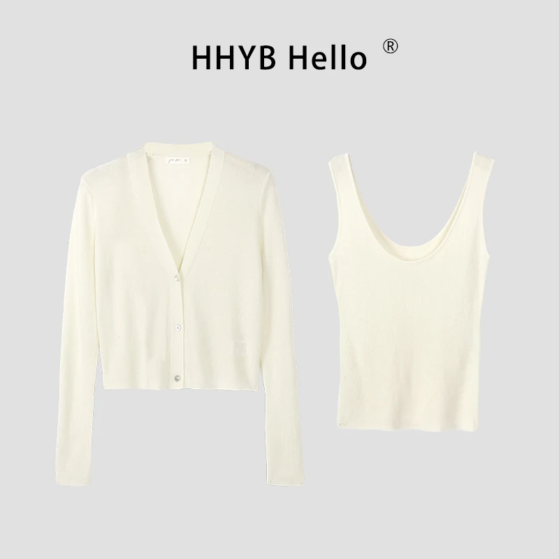 HHYB Hello圆领吊带针织背心V领长袖针织开衫套装QM1162+QM1155