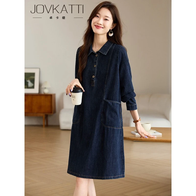 小翻领长袖牛仔连衣裙女2025春秋新款宽松显瘦遮肉休闲直筒衬衫裙