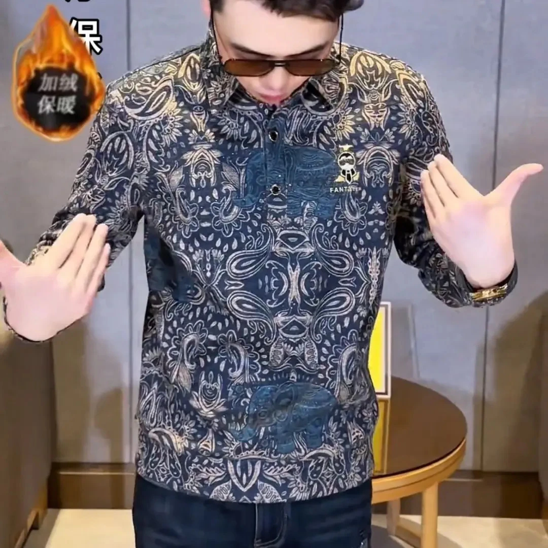 专柜品质秋冬新款修身男士休闲巴洛克图案纽领加绒加厚长袖衬衫