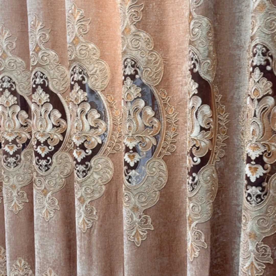 高品质新款咖啡色金枝玉叶雪尼尔绣花客厅卧房窗帘窗纱