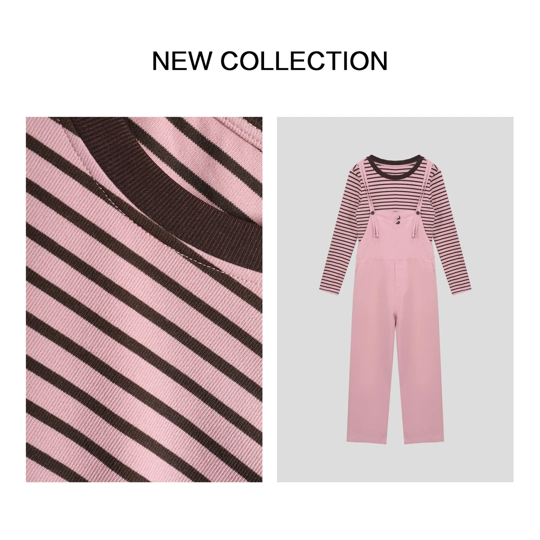 【芳芳专属】D3F39025B 春季减龄必备 条纹T恤+牛仔背带裤两件套