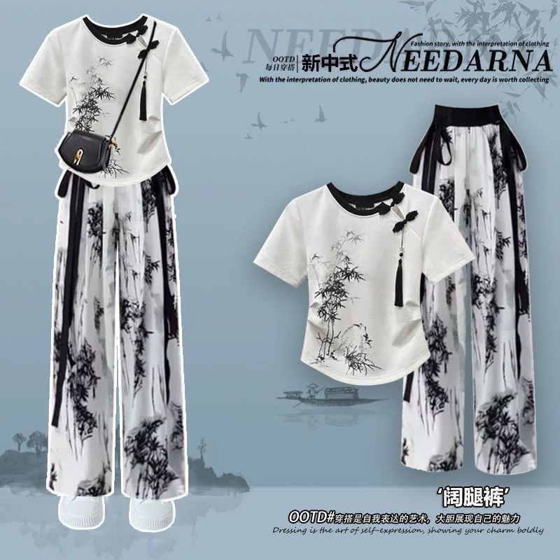 女童中国风套装国潮夏季水墨画阔腿裤中大童新中式上衣休闲两件套