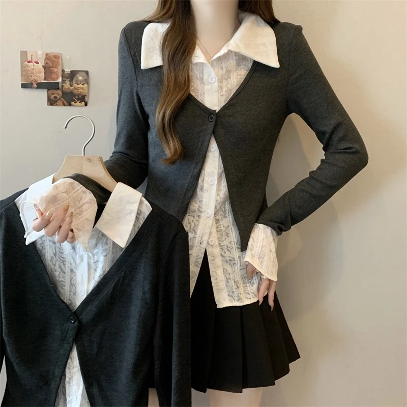 大码法式正肩假两件衬衫女装春季高级感长袖衬衣胖MM遮肉显瘦上衣