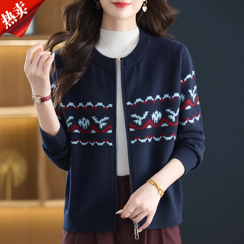 针织棒球服外套女春秋短款大码毛衣夹克新款提花羊毛妈妈拉链开衫