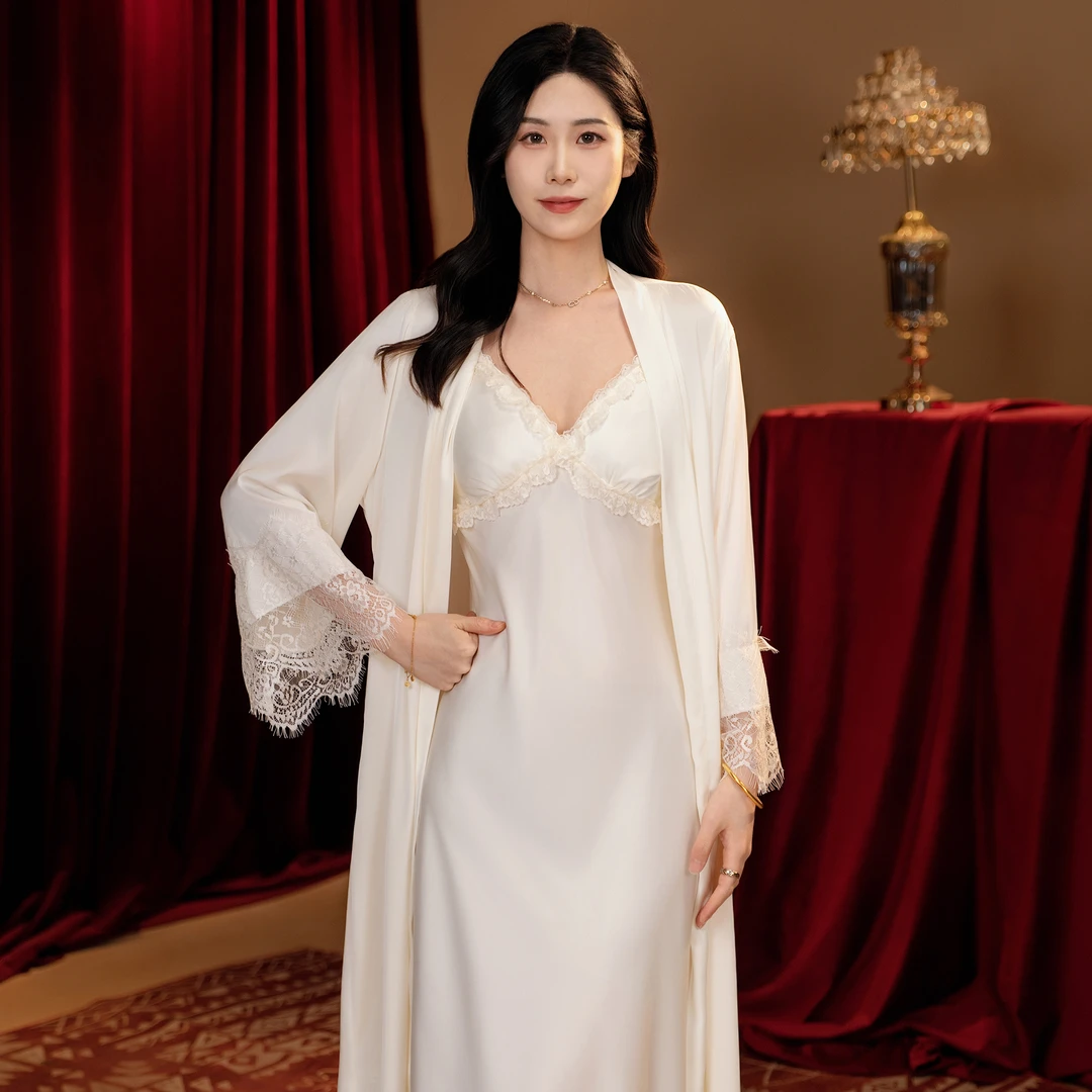 DAVINCIART新款四季通穿网红款性感蕾丝边吊带外袍长裙睡裙家居服