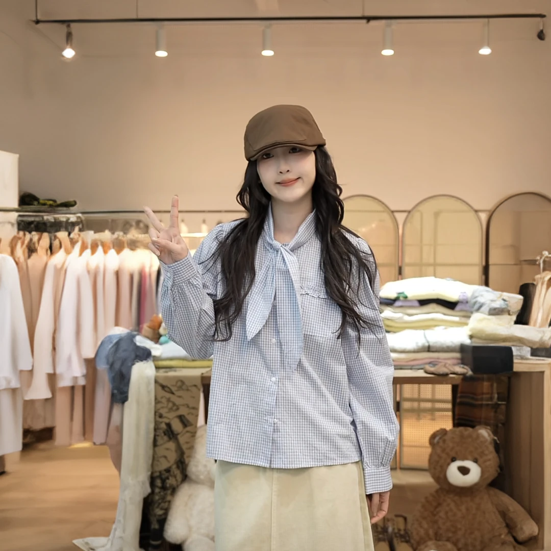 【闵笑一】鸢尾蓝 2025早秋新款设计款拼接慵懒风格子衬衫上衣