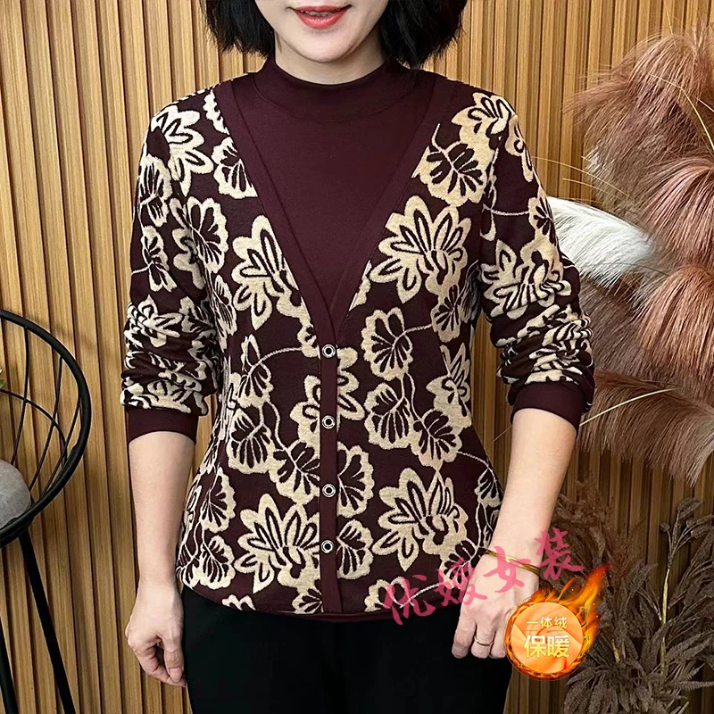 中老年女装秋冬保暖花色半高领假两件宽松显瘦洋气妈妈装长袖上衣