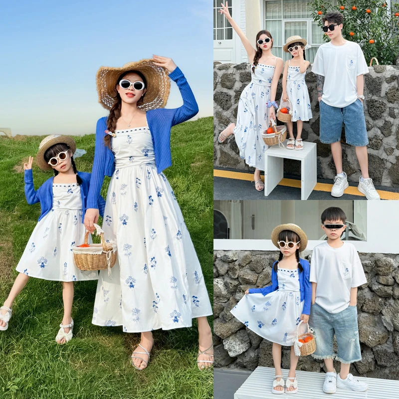 亲子装2025夏季一家三口高端女童海边沙滩度假风碎花母女裙8846