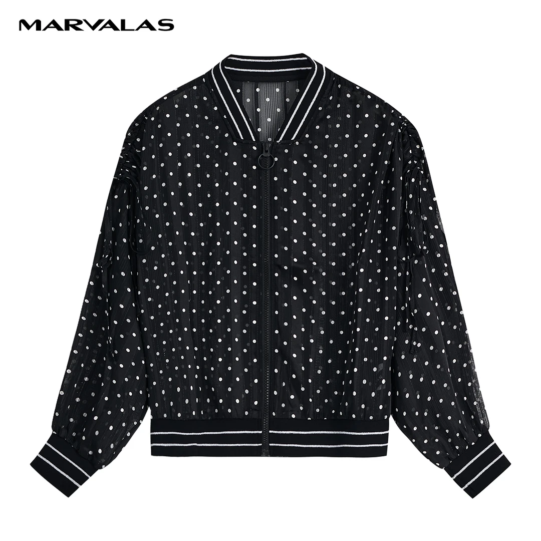 【籽言专属】曼德诗黑色棒球服女新款半透镜纱飘逸灵动波点