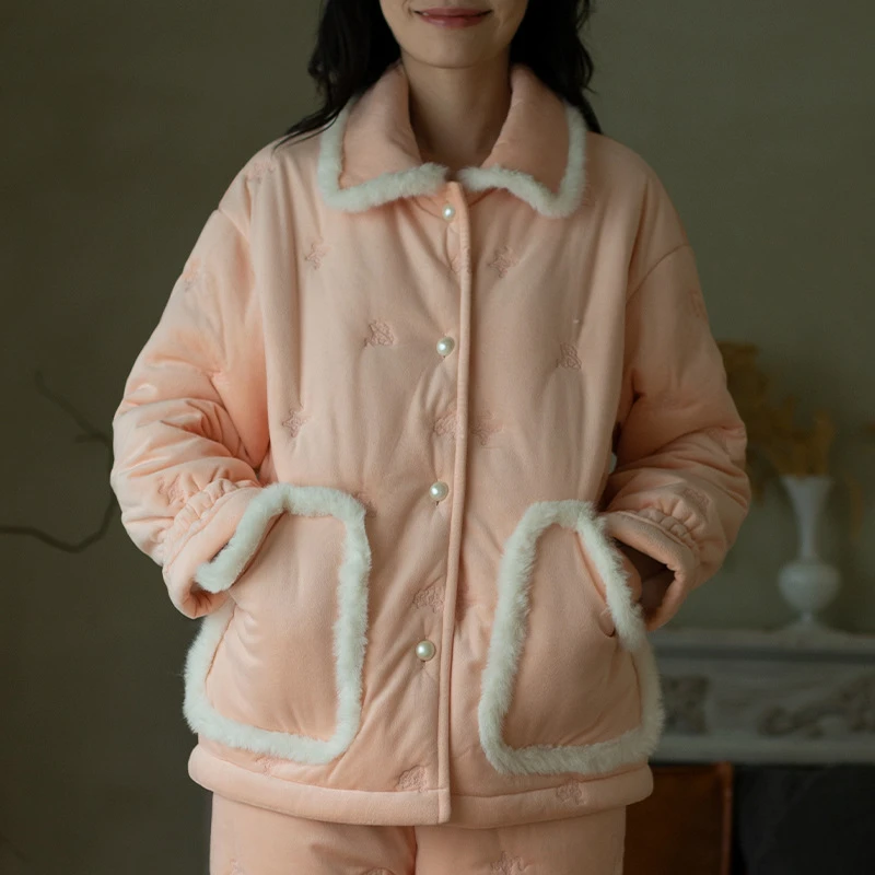 木苍子三层夹棉加厚冬季睡衣女士冬款保暖家居服可外穿套装25081