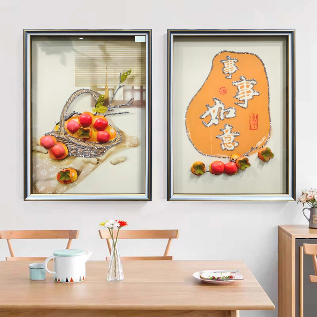 D62事事如意钢化玻璃装裱高端餐厅客厅玄关过道卧室挂画40*60一对