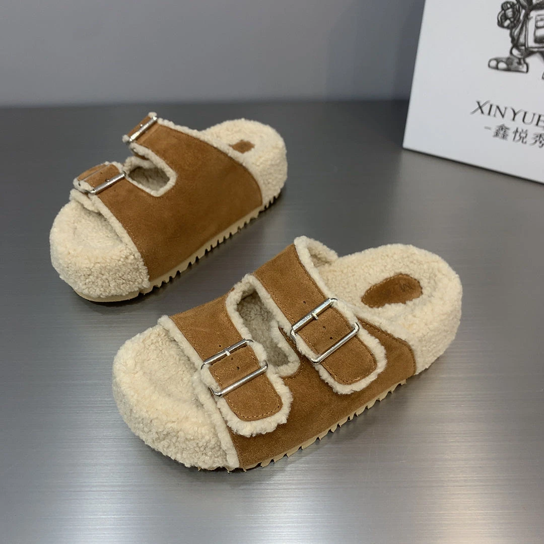 鑫悦秀518-2韩版时尚复古百搭重工毛毛时尚圆头平底凉拖鞋