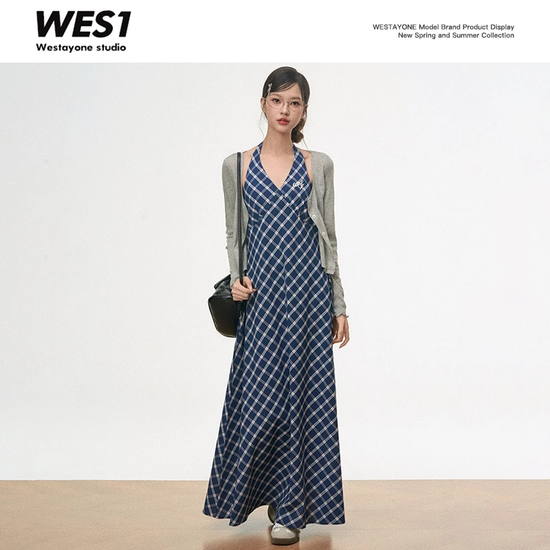 WESTAYONE复古格纹显瘦设计感挂脖连衣裙+罩衫