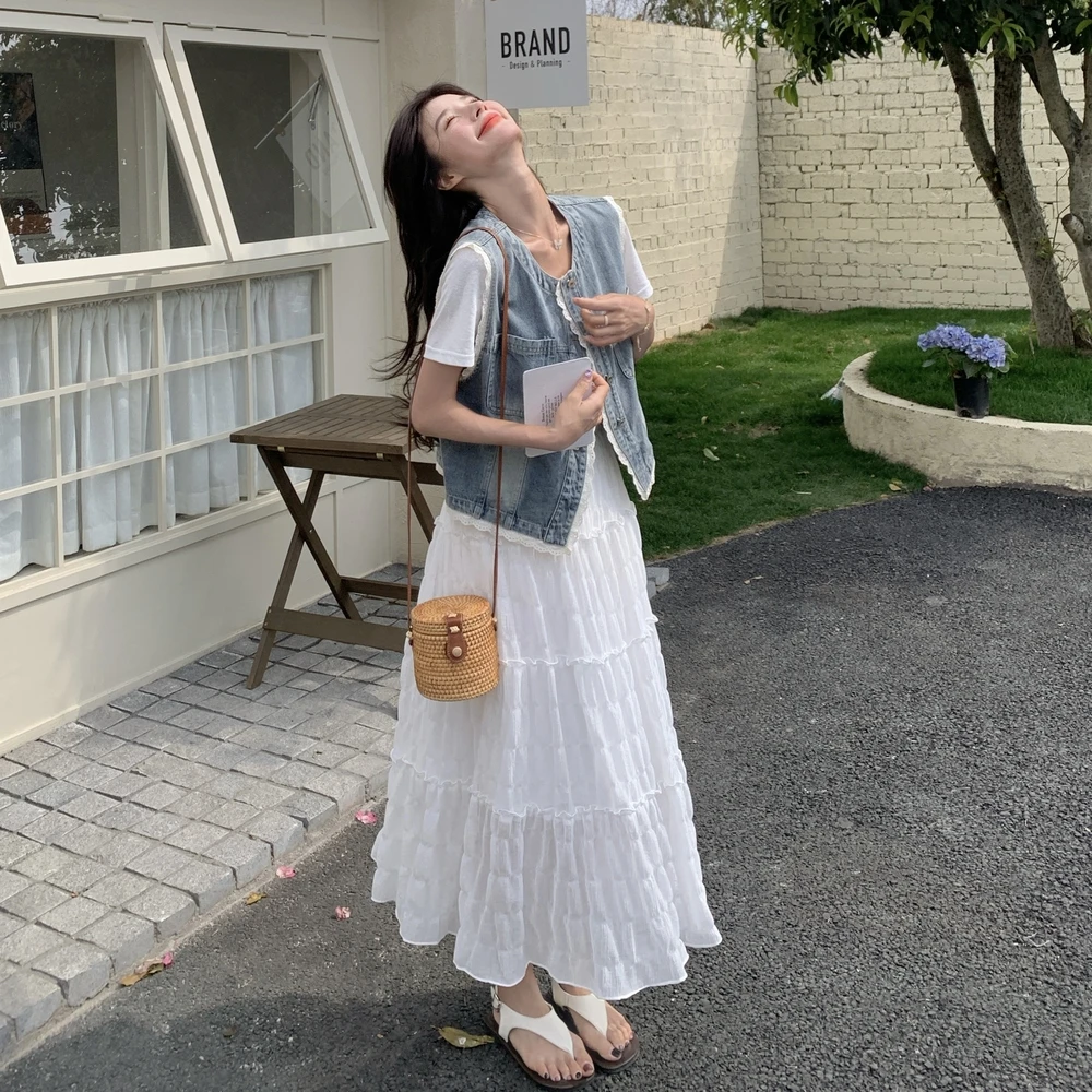 蕾丝牛仔彩扣马甲T恤蛋糕裙三件套女2025夏季新款氛围感穿搭套装