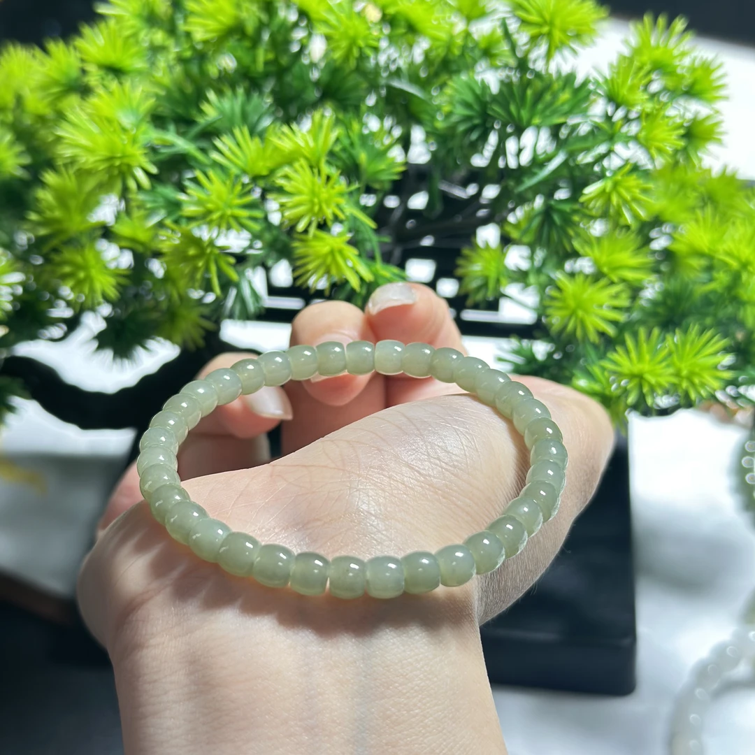 天然和田玉5*6m手链女款直切老型珠晴水串珠湖蓝单圈简约时尚