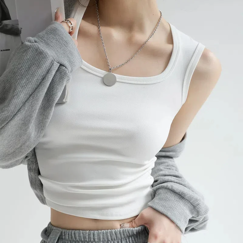 宽肩吊带白色背心女夏显瘦打底紧身外穿百搭韩版纯色无袖上衣通勤