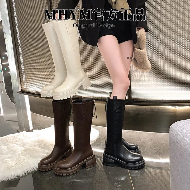 洋气显瘦长筒靴女不过膝2025年秋冬新款小个子厚底粗跟高筒骑士靴